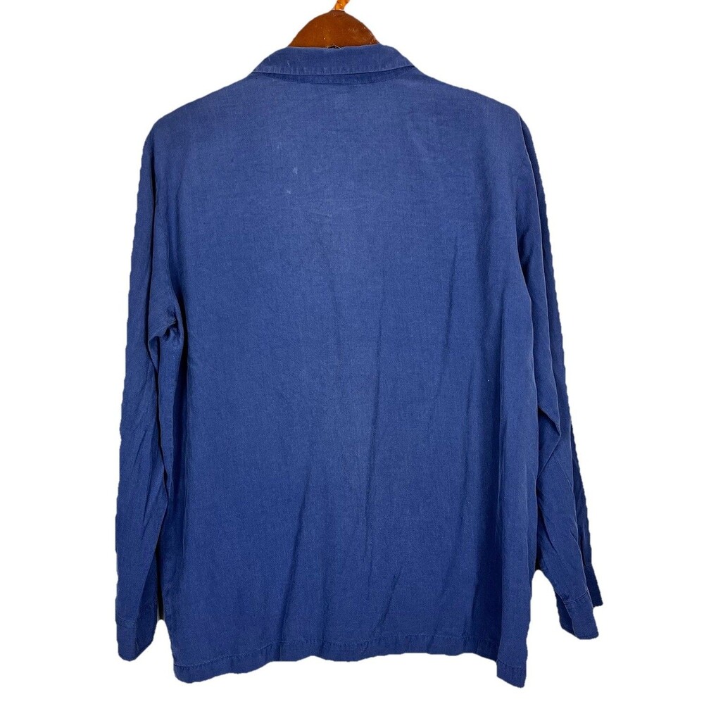 100% Silk Crepe Blouse Blue Button Front Women Size L Matte Lightweight - Picture 3 of 12